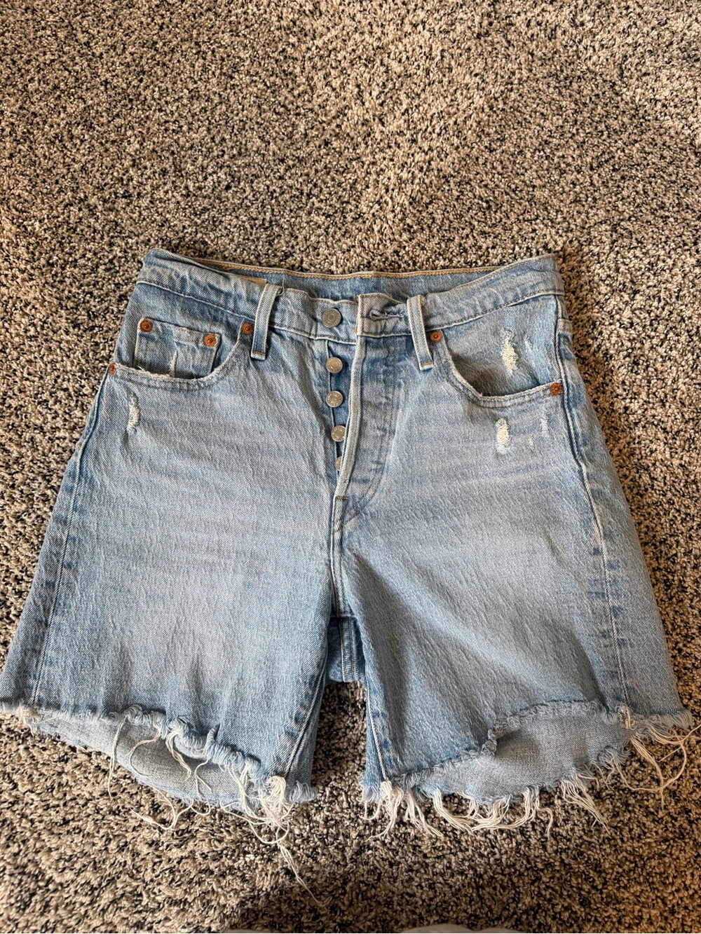 Levi 501 Light Blue Distressed Denim Shorts